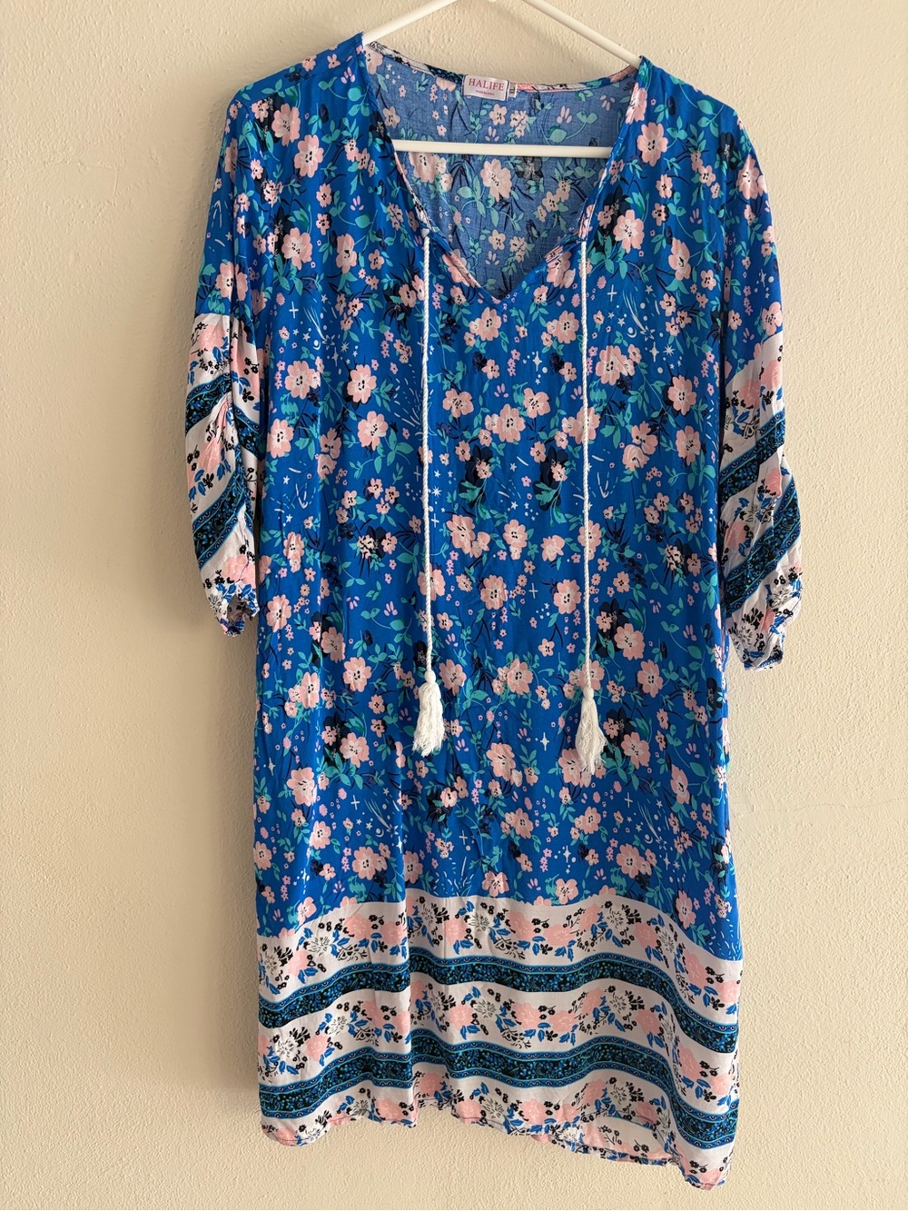 Blue Floral V-Neck Tassel Border Tunic Dress